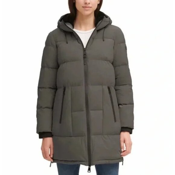 DKNY Jeans Puffer Jacket Hooded Long Parka Coat Gray Full Zip Gray Size XL - Picture 1 of 16